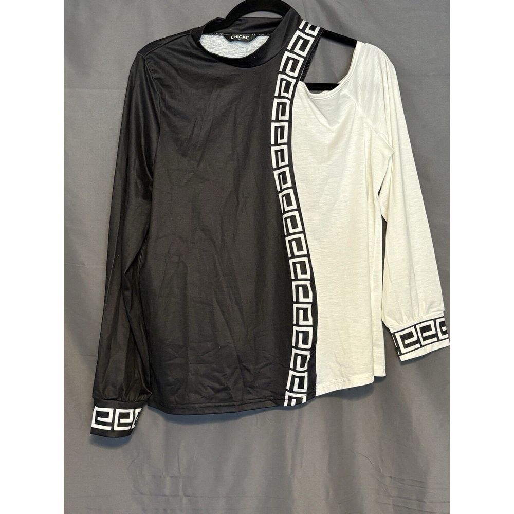 Chic Me Crop Top Shoulder Cutout BLack/White‎ Long Sleeve X-Large NWOT